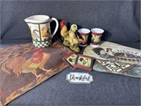 Placemats, Pitcher, Coffee cups, Chicken statues