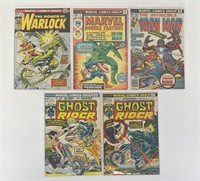 5 Marvel Comics inc Ghost Rider, Iron Man, Warlock