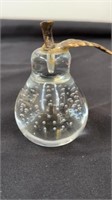 Glass pear paperweight with metal leaf 4 inch