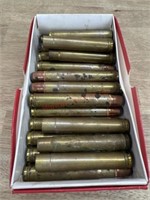 BOX OF SHELLS AND SOME BRASS