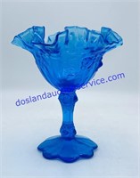 Fenton Embossed Rose Colonial Blue Footed Compote