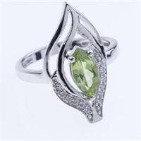 Marquise Peridot & White Zircon  Ring - Size 7.5