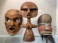Wood Carved Statue + 2 Tribal Masks