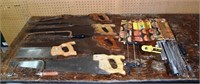 Tool lot: hand saws, cutting chain files, etc.; as