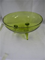 Hand Blown olive green large bowl on three feet