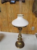 HURRICANE LAMP, ELECTRIC, BRASS W/MILK GLASS