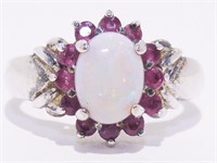 Sterling Silver Opal & Ruby Cocktail Ring Sz 6.5