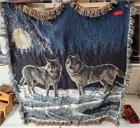 Vtg Woven Wolf Throw Blanket