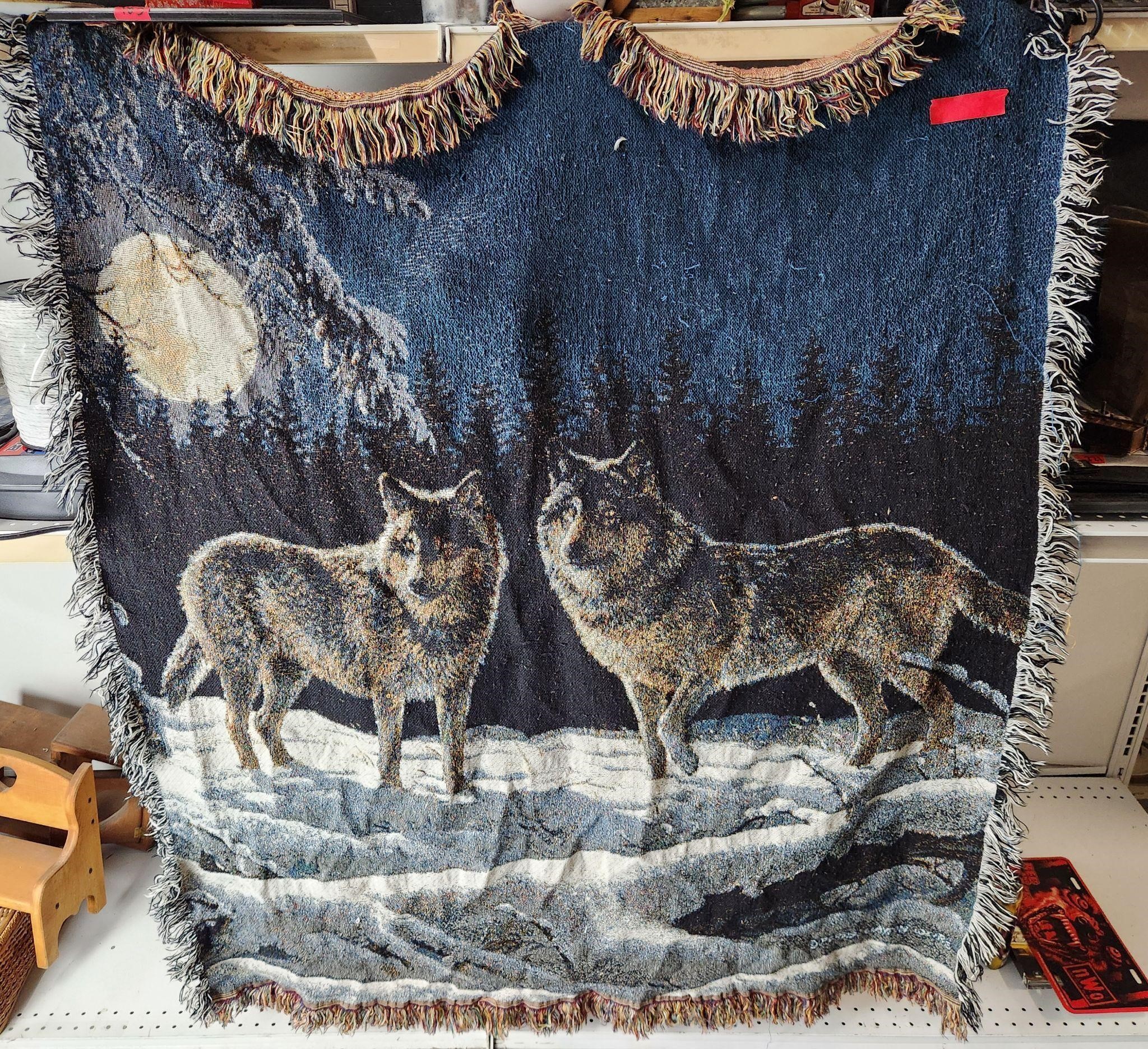 Vtg Woven Wolf Throw Blanket