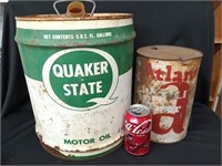 Motori Oil Cans, 5 gallon Quaker State and 2