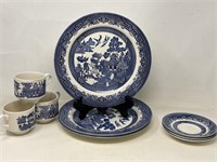 -3 Churchill blue Willow plates with three tea