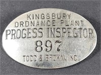 Kingsbury Ordnance Plant Inspector Badge