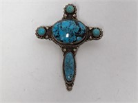 .925 Sterling Turquoise Cross Brooch