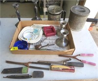 Candle holders, Watkins sifter, straight razors,