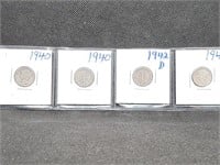 Lot of 4 Mercury Dimes: 2- 1940, 1942 D, & 1945