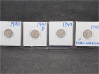 Lot of 4 Mercury Dimes: 1940, 1941 D, 1942, & 1943