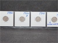 Lot of 4 Mercury Dimes: 1940, 1940 D, 1941, & 1943