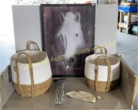 2 Wicker Baskets, Horse Picture, Cosmetic Bag,