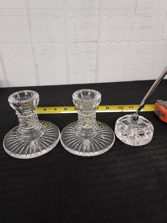 3pc WATERFORD crystal 2 candle holders & desk pen