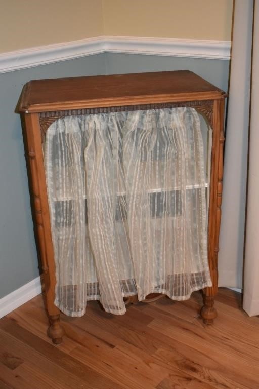 Small shelf with curtained front, 25x16x35"h; as i