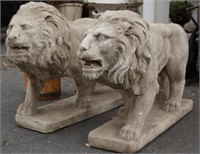 Pair 19th cent cast stone architectural lions