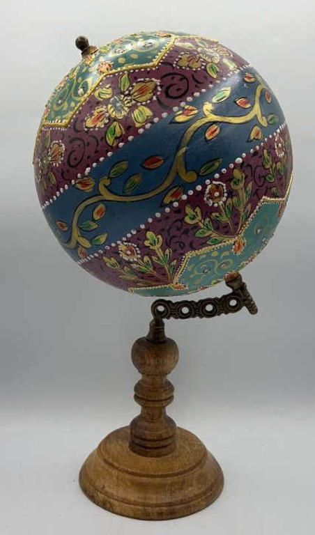 Hand Painted Floral Globe On Wooden Stand