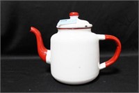 RED AND WHITE ENAMELWARE TEA POT