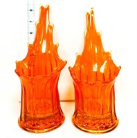 Pair MCM 8 1/2in persimmon stretch candleholders