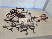 horse bridle & 2 sets of spurs