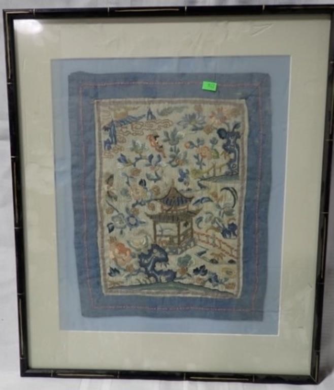 FRAMED CHINESE SILK PIECE 23x19