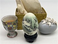 (3) Vintage Egg Decor: 1- Cup, 1- Egg on Stand, +
