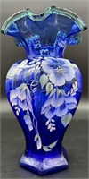 Fenton Cobalt Hp Hex Vase By Lois Anthony