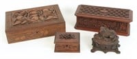 Four Black Forrest Carved Walnut Boxes