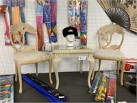 TWO WHITE WASHED MAPLE SIDE CHAIRS WITH END TABLE