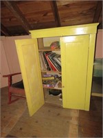 CABINET WITH CONTENTS- RECORDS, PUZZLES, AND MORE