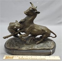 Signed Bronze Animalier Sculpture Lion & Antelope