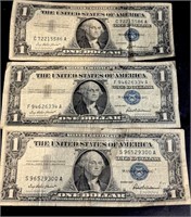 Three $1.00 Silver Certificates 1957