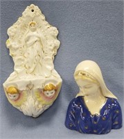 Lot of 2: Holy Water font, and bust of Madonna