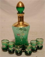A Green and Gold Decorated Crystal Wine Set with