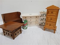 Five pieces of doll furniture, bench, chest, etc