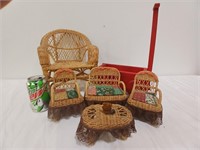 Doll rattan furniture & red wagon