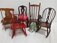 Five pieces of doll furniture, rockers, chair