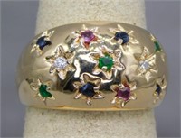 14K WIDE "STARS" BAND WITH SAPPHIRE, RUBY,