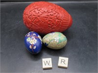 CARVED EGG AND 2 CLOISONNE EGGS