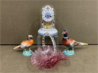 2 Porcelain Pheasants, Handled Basket & KPM Clock