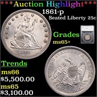 *Highlight* 1861-p Seated Liberty 25c Graded ms65+