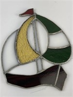 Stained Glass Red Sailboat w/Red Flag &