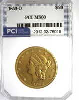 1853-O Gold $20 MS60 LISTS $65000