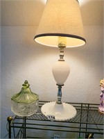 MILK GLASS LAMP AND COVERED GLASS CANDY DISH