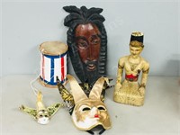 masks, statuary, crafted drum